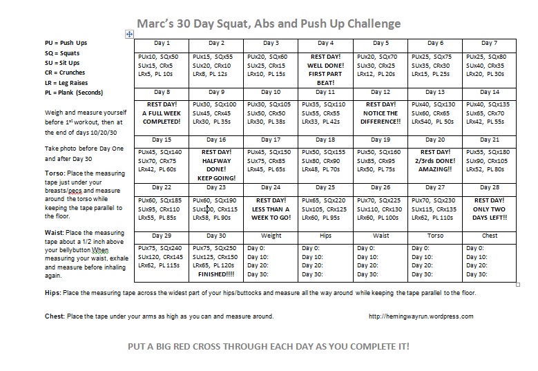 Marc S 30 Day Squat Abs And Push Up Challenge Hemingway Run